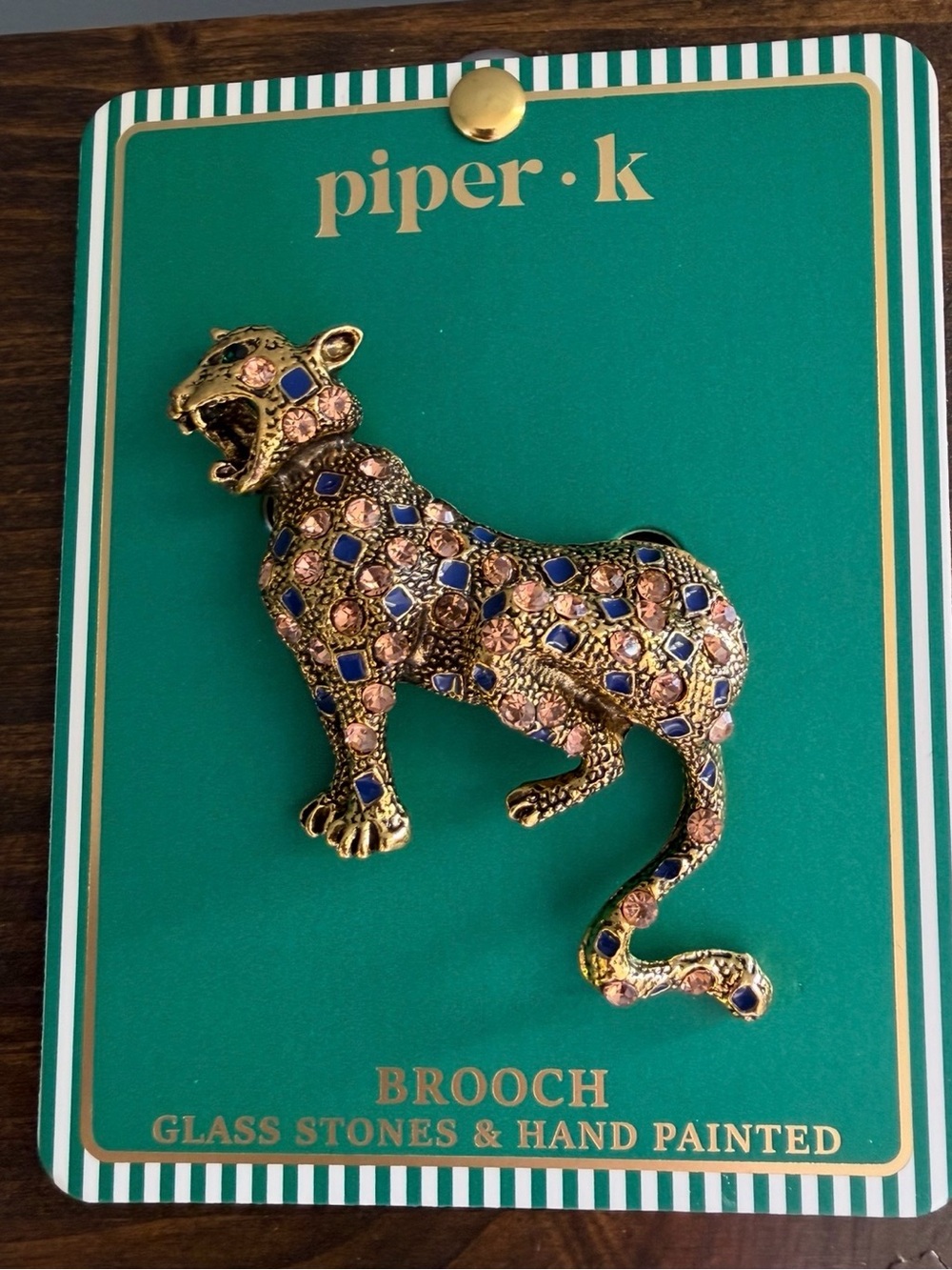 NWT Piper•k Gold Leopard Brooch with Blue & Pink glass Stones